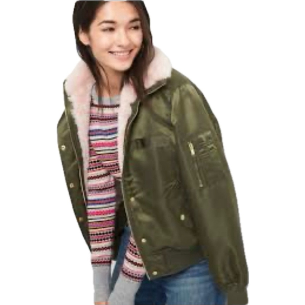 GAP olive satin bomber jacket pink faux fur lining